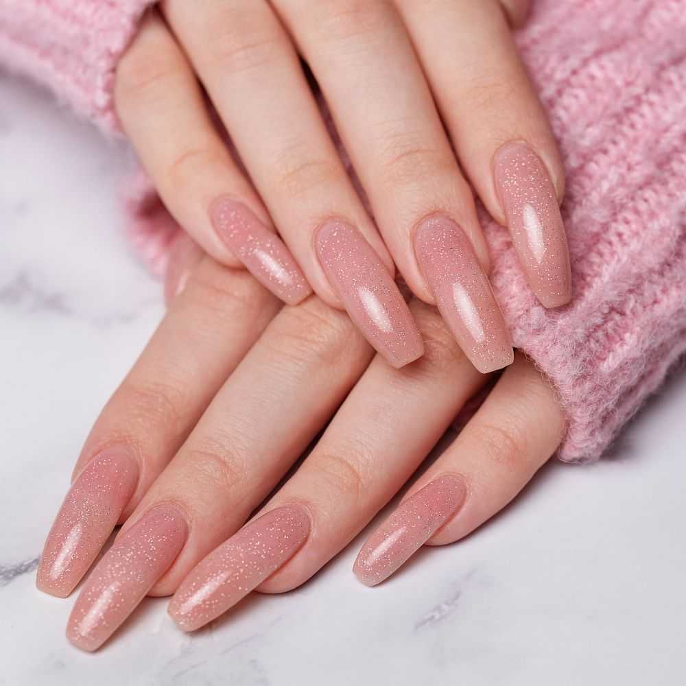 Hands with sparkly pink manicured nails over a pink sweater.